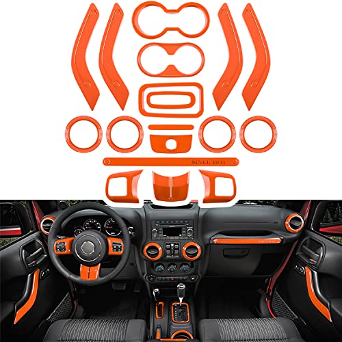 E-cowlboy 18 PCS Full Set Interior Decoration Trim Kit Steering Wheel Center Console Door Handle Air Conditioning Vent Cup Holder Gear Cover Trim for Jeep Wrangler JK JKU 2011-2018 4-Door (Orange) - color: Orange