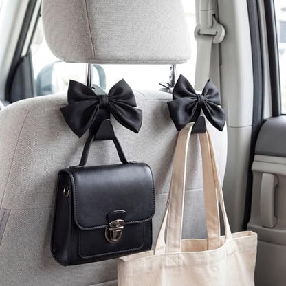 2Pcs Bow Car Headrest Hooks, Durable PVC Seat Back Organizer Hooks, Car Interior Decor Accessories, Multi‑Use for Bags and Umbrella, Universal for Cars, SUV, Truck (Black)