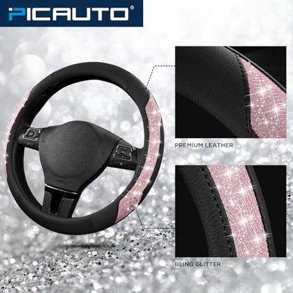 PIC AUTO Steering Wheel Cover, Pink Sparkly Crystal Bling Glitter with Leather, Universal Fit 14.5"-15.5" Car Steering Wheels for Girls & Women, Anti-Slip Wheels Cover for Cars, Trucks, Van, SUVs - color: Pink Glitter