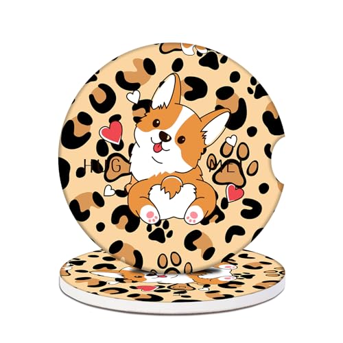 Car Cup Holders Coasters - Leopard Print Cute Dog Absorbent Ceramic Coaster, Drink Cup Holder Coasters, Auto Interior Accessories for Women & Men Pack of 2 - color: Leopard Print Cute Dog