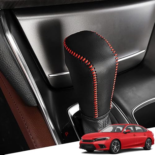 Great-luck Genuine Leather Automatic at Gear Shift Knob Cover Protector Trim,The car Custom Interior Accessories(Red Stitches) for Honda 11th Civic(2022 2023 2024 2025 2026) - color: Red Stitches, size: Civic(2022-2025)