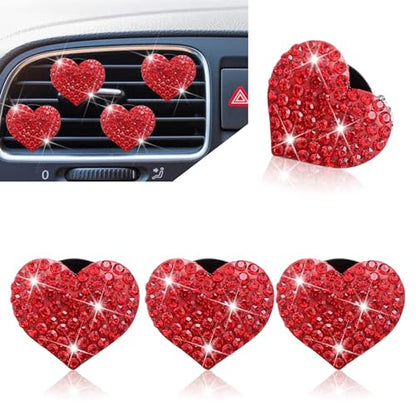 4 PCS Bling Car Air Conditioning Vents Decoration Clip, Cute Heart-shaped Diamond-encrusted Shiny Accessories for Women, Non-destructive Clip-on Installation, Universal for Most Cars (Red)