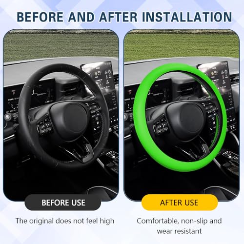 Car Steering Wheel Cover, 13 to 14.17 inches Non-Slip Silicone Steering Wheel Protector, Car Accessories Thin Soft Leather Texture Steering Wheel Protective Cover for Most Cars (Green) - color: Green