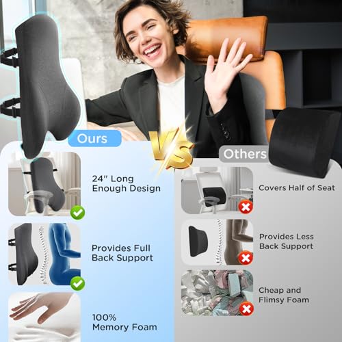 Teemour High Back Support Pillow for Office Chair, Fully Support Back Cushion - Memory Foam Lumbar Support Pillow for Office Chair, Desk, Gaming Chair, Promotes Posture Pain Relief Adjustable Straps - size: Long Back