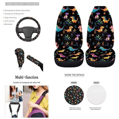 Cute Dinosaur Car Seat Covers Full Set of 11,Car Accessories for Women Men,Steering Wheel Cover+ Handbrake Cover+Seat Belt Pads+PU Car Coaster+Car Seat Towel
