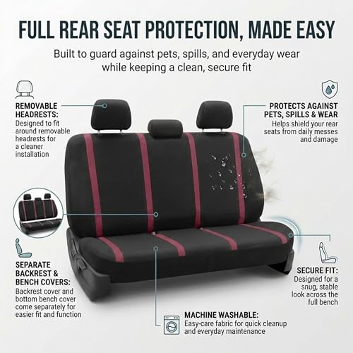 FH Group Car Seat Covers Unique Flat Cloth Full Set Automotive Seat Covers Front Set and Rear Solid Bench Burgundy Black Seat Covers w. Gift Universal Fit Interior Accessories for Cars Trucks and SUVs - color: burgundy