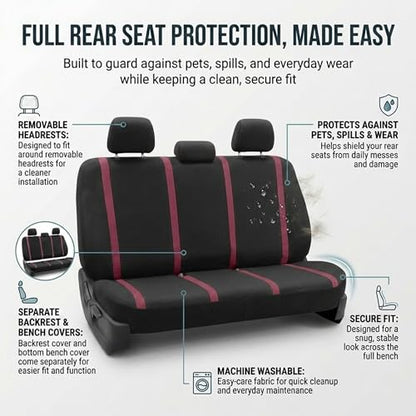 FH Group Car Seat Covers Unique Flat Cloth Full Set Automotive Seat Covers Front Set and Rear Solid Bench Burgundy Black Seat Covers w. Gift Universal Fit Interior Accessories for Cars Trucks and SUVs - color: burgundy