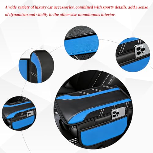 4PCS Car Accessories Set, 14.5-15" Sporty Microfiber Leather Steering Wheel Cover with Anti-Slip Lining, Center Console Cover, Seat Belt Cushion, Universal Fit (Black/Blue)