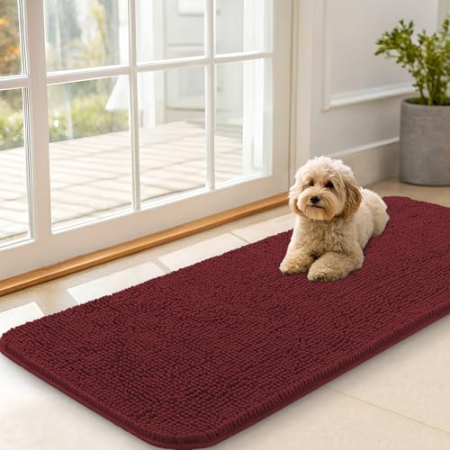 OLANLY Dog Door Mat for Muddy Paws 47x20, Absorbs Moisture and Dirt, Absorbent Non-Slip Washable Doormat, Quick Dry Chenille Mud Mat, Entry Indoor Entryway Carpet for Inside Floor, Caramel Russet - color: Caramel Russet, size: 47" X 20"