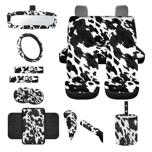 Wanyint Black White Cow Print Car Seat Cover Full Set 14 PCS, with Steering Wheel Cover Seat Belt Pad Garbage Bin Armrest Pad Rearview Mirror Handbrake Cover Set Coaster Fit Most Vehicles - color: Black White Cow Print