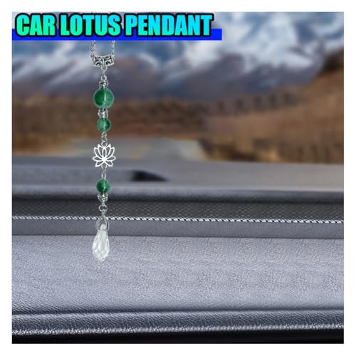 ZIMISI Lotus Flower Car Mirror Hanging Accessories, Lucky Crystal Car Rear View Mirror Charm, Bling Green Stone Hanging Ornament Pendant, Boho Healing Automotive Interior Accessories