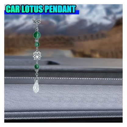 ZIMISI Lotus Flower Car Mirror Hanging Accessories, Lucky Crystal Car Rear View Mirror Charm, Bling Green Stone Hanging Ornament Pendant, Boho Healing Automotive Interior Accessories