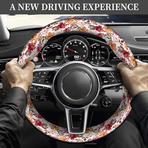 Car Steering Wheel Cover, Universal 15 Inch Non-Slip Breathable Neoprene Elastic Steering Wheel Protector, Cute Car Accessories for Women Men Fit Auto, Suvs Luxury Red Flowers - color: Luxury Red Flowers