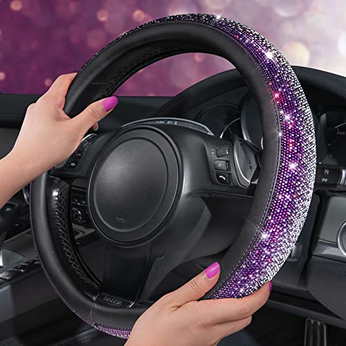 CAR PASS Bling Diamond Leather Steering Wheel Cover, Bling Sparkly Crystal Glitter Rhinestones Universal Fit 14" 1/2-15" Car Wheel Protector for Women Girl Fit Suvs,Vans,Sedans,Trucks, Purple Silver - color: Violet Silver Diamond