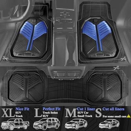 CAR PASS Heavy Duty Rubber Car Mats, Deep-Dish Car Floor Mats All Weather, Universal Two-Tone Trim-to-Fit for SUVs Trucks Sedans, Waterproof Anti-Slip, 3 Pieces V12 Black and Metallic Blue - color: Blue and Black
