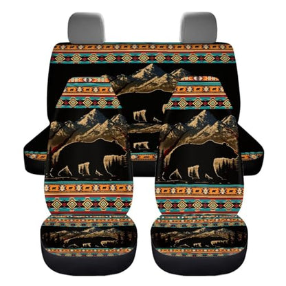 Dreaweet Mountain Bear Aztec Car Seat Covers Full Set 12 Pcs Southwestern Car Accessories Seat Covers with Steering Wheel Cover/Arm Rest Pads/Seat Belt Pads/Coasters/Gear Shift Cover/Handbrake Cover - color: Mountain Bear Aztec