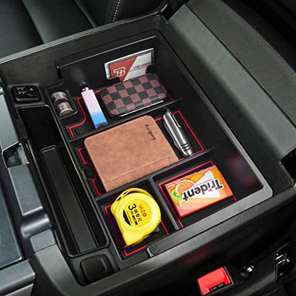 Full coverage Center Console Organizer Compatible with 2014-2018 GMC Sierra 1500 /Chevy Silverado 1500 Accessories 2015-2020 Yukon XL/Tahoe Suburban Insert Armrest Storage ABS Plastic, Red - color: red
