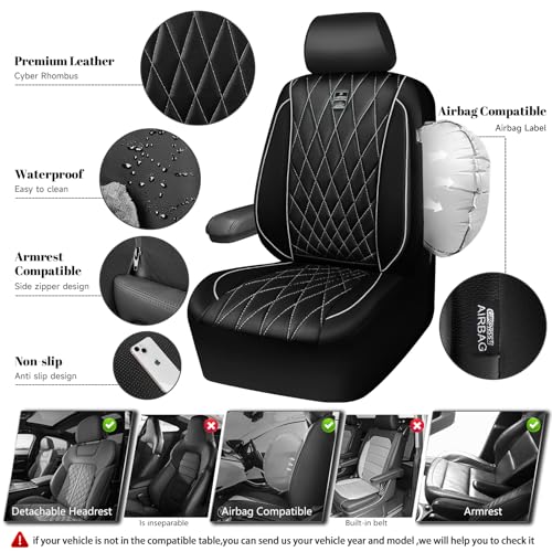 CAR PASS Piping Luxury Leather Two Front Car Seat Covers,Silver Glitter Waterproof Seat Cover Compatible with Front Seat Armrests,Universal Fit for Suvs,Vans,Trucks,Airbag Compatible(Black and Silver) - color: Black and Silver, size: Two Front