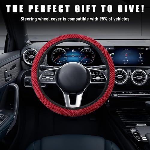 Wevdn Elastic Stretch Steering Wheel Cover, 15"×15" Microfiber Breathable Ice Silk Steering Wheel Protector, Anti-Slip Elastic Steering Wheel Cover for Men Women, Car Accessories (Wine Red) - color: Wine Red