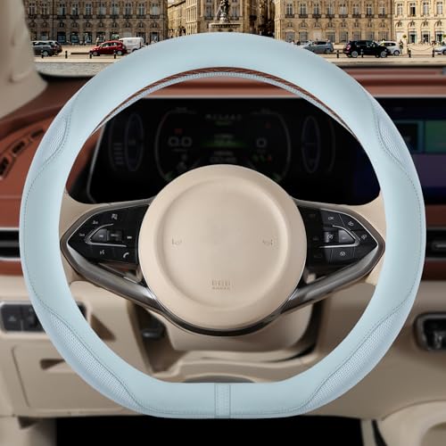 Nappa Leather Blue D Shape Steering Wheel Cover, Advanced Microfiber Leather Non-Slip Breathable Fabric, Warm in Winter and Cool in Summer, Universal 15 inch - color: Blue, size: D Shape-M[14.5''-15'']