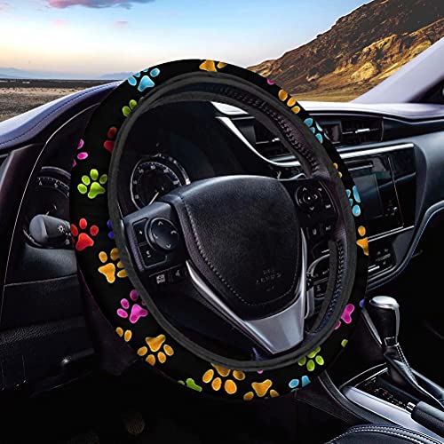 AFPANQZ Puppy Paw Prints Car Steering Wheel Covers Sweat Absorption Comfortable Grip Universal 14-15 inch Stretch-on Fabric Keep Warm Steering Wheel Protector for Women Gift Black Colored - color: Dog paws print