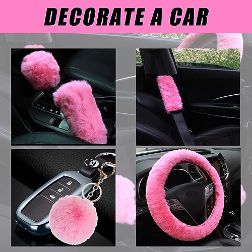 Fluffy Steering Wheel Cover for Women with Furry Gear Cover &Handbrake Cover&Seat Belt Cover&Armrest Pad Fuzzy Car Accessories for Women Pack of 14 (Pink) - color: Pink