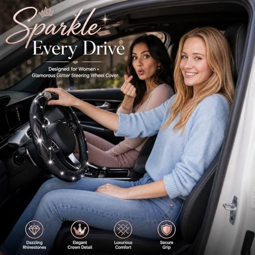 Bling Rhinestone Car Steering Wheel Cover for Women,PU Leather Crystal Diamonds Crown Steering Wheel Covers Non-Slip Universal 15"/38 cm (Crown) - color: Crown