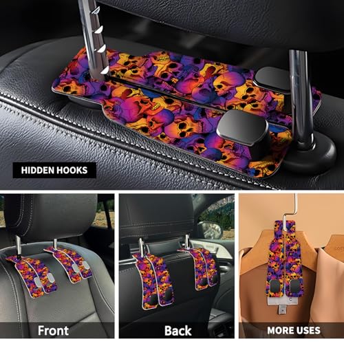 Car Seat Headrest Hook, Universal Leather Cute Hanger Holder Hook, Storage Organizer Interior Accessories for Purse Bags Handbag Luxury Purple Skulls