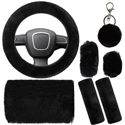 7 Pieces Fluffy Car Accessories Set, Cute Fluffy Steering Wheel Cover Set Faux Wool Seatbelt Shoulder Pads Auto Center Console Armrest Pads Fuzz Handbrake Cover Gear Shift Cover Furry Keychain(Black) - color: Black