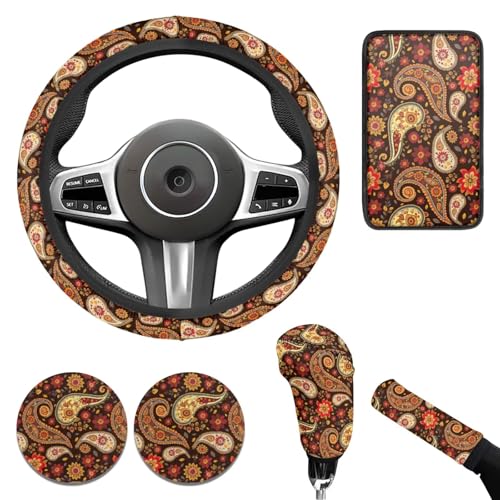 Bandanna Print 6pcs Car Steering Wheel Cover Set for Men Women Car Accessories Handbrake Cover Cup Coaster Auto Interiors Decor for Men Women 6pcs - color: Bandanna Print
