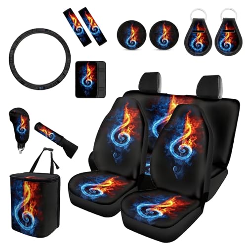 Forchrinse Fire Music Note Car Seat Covers Set - Steering Wheel + Headrest + Gear Shift + Handbrake Cover + Cup Coasters + Trash Can - color: Fire Music Note