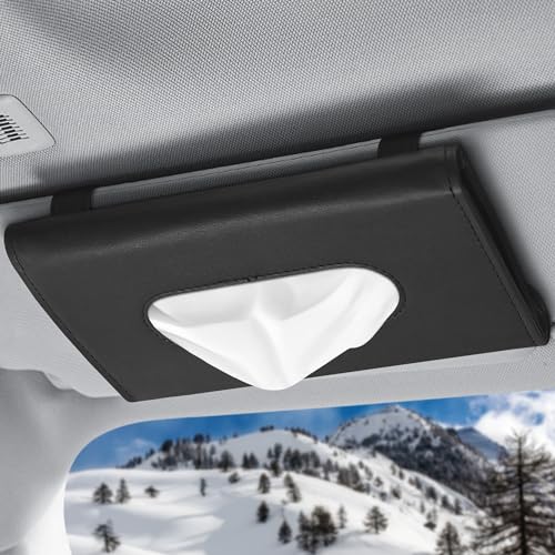 9.1 × 4.7 x 1.5 Car Tissue Holder — PU Leather Sun Visor Tissue Holder for Car with Ergonomic Take-Out Port, Universal Fit — Refillable Napkin Storage with Metal Clip Mount, Quick Install in Seconds