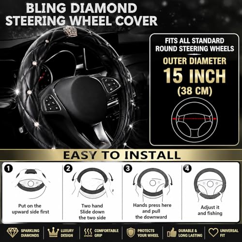 Bling Rhinestone Car Steering Wheel Cover for Women,PU Leather Crystal Diamonds Crown Steering Wheel Covers Non-Slip Universal 15"/38 cm (Crown) - color: Crown
