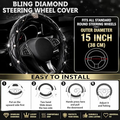 Bling Rhinestone Car Steering Wheel Cover for Women,PU Leather Crystal Diamonds Crown Steering Wheel Covers Non-Slip Universal 15"/38 cm (Crown) - color: Crown