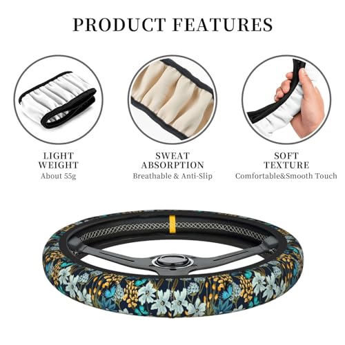 Floral Butterfly Blue Steering Wheel Cover for Women Elastic Rubber Steering Wheel Universal 15 Inch Fit for Cars, Auto, SUVs