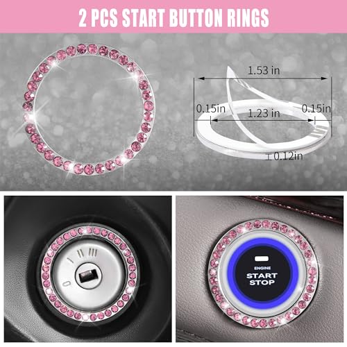 CAR PASS 24 PCS Pink Bling Diamond Accessories Set for Women, Leather Seat Covers, 15'' Steering Wheel Cover, Shining Rhinestone Sparkly Hooks, Coasters, Cute Interior Decorations