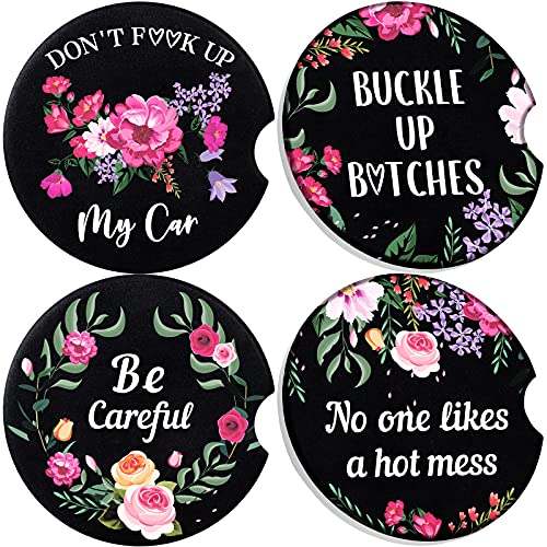 Boao 4 Pcs Floral Car Cupholder Coasters for Valentine's Day, Ceramic Coasters 2.56'' Anti Slip Base with Finger Notch for Dry Clean, Car Interior Accessories, Birthday Gifts - style: Floral