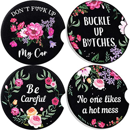 Boao 4 Pcs Floral Car Cupholder Coasters for Valentine's Day, Ceramic Coasters 2.56'' Anti Slip Base with Finger Notch for Dry Clean, Car Interior Accessories, Birthday Gifts - style: Floral