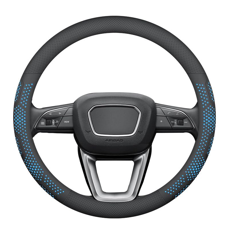 Leather Steering Wheel Cover for Jeep Wrangler Grand Cherokee Compass, 14.5-15 inches Car Steering Wheel Cover with Non-Slip Breathable (Blue) - color: Blue
