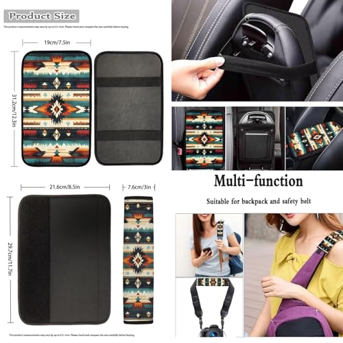 Dreaweet Aztec Car Seat Covers Full Set,Native American Geometric Car Deocr Set of 12,Universal Steering Wheel Cover with Center Console Cover,Cup Coasters,Seatbelt Covers,Gear Shift Handbrake Cover - color: Aztec Geometric