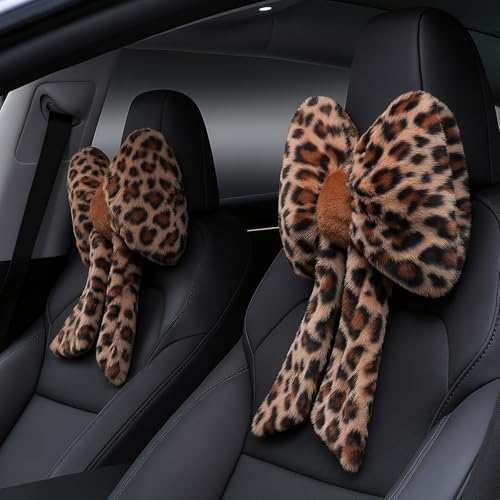 2 Pcs Car Neck Pillow Plush Butterfly Bow Car Headrest Pillow Comfortable Seat Neck Support Cute Head Rest Accessories for Driving Travel Driver Chair Girl Style Interior Decor(Leopard) - color: Brown, style: Leopard
