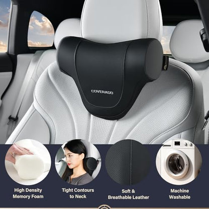 Coverado Car Headrest Pillow, Ergonomic Memory Foam Car Neck Pillow for Driving Seat with Adjustable Strap, Soft PU Leather Breathable Removable Cover Neck Support for Neck Pain Relief - Black