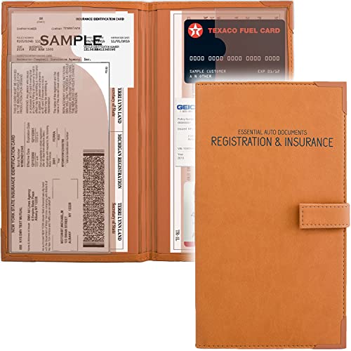 Auto Insurance and Registration Card Holder - Vehicle Glove Box Document Organizer - Car Essential Paperwork Holder for DMV, AAA, Contact Information Cards - Premium PU Leather Wallet Case - Orange - color: Orange