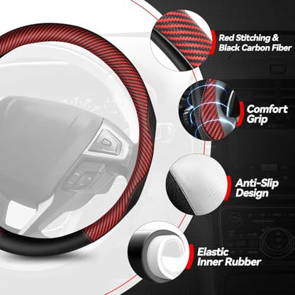 Auto Dynasty Steering Wheel Cover, Breathable Microfiber Leather Car Steering Wheel Protector with Red Black Carbon Fiber Stitching, Anti-Slip, [14 1/2 to 15 Inches] Universal Fit Cars Trucks SUVs - color: Carbon Fiber Red A