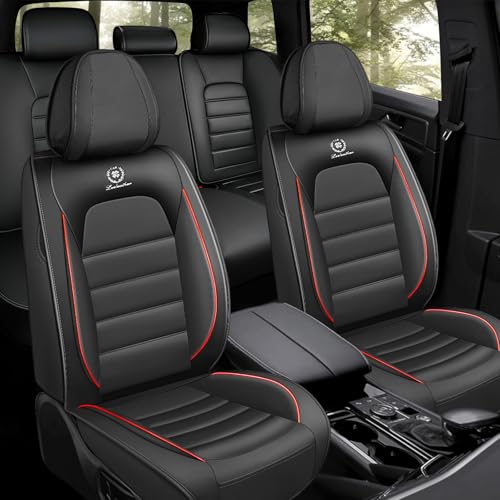 Car Seat Covers for Kia K5 2021-2026, Premium Nappa Leather, Waterproof, Anti-Slip, Full Coverage, Airbag Compatible, Breathable, All-Weather, Easy Install (5 Seats, Black&Red) - color: 5 Seats - Black&Red, size: Kia K5 2021-2026