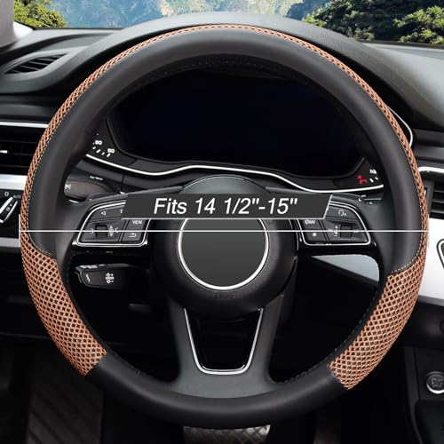 Steering Wheel Cover, Universal 15 inch, Microfiber Leather Viscose, Breathable, Anti-Slip,Warm in Winter and Cool in Summer, Black&Brown - color: brown, size: Standard Size[14.5"-15"]