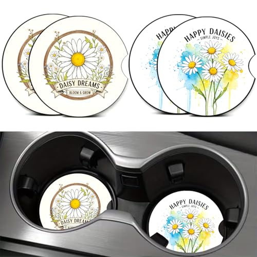 4PCS Daisy Car Cup Holder Coasters, Fresh Floral Car Coasters Cars Accessories Interior Decor Universal Neoprene 2.75" Anti-Slip Rubber Mat with Finger Slot, Flower Gifts for Women, Men, Driver - color: Daisy