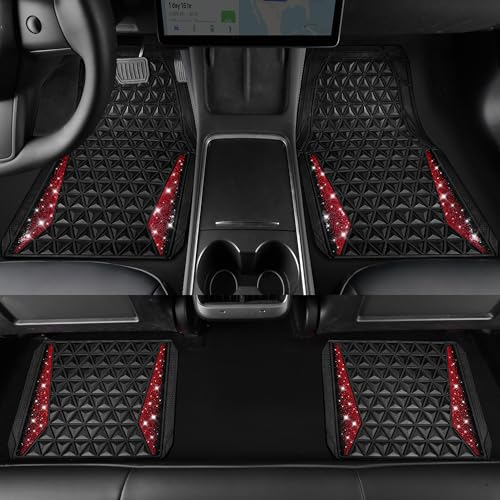 CAR PASS Bling Diamond Car Mats Rubber Floor Mats Full Set Anti-Slip 3D Rhombus Waterproof Trim to Fit Liner Universal Glitter Crystal Sparkly Shining Rhinestone Girl Women SUV Sedan Van, Black Red - color: Red Diamond