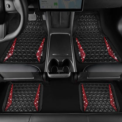 CAR PASS Bling Diamond Car Mats Rubber Floor Mats Full Set Anti-Slip 3D Rhombus Waterproof Trim to Fit Liner Universal Glitter Crystal Sparkly Shining Rhinestone Girl Women SUV Sedan Van, Black Red - color: Red Diamond