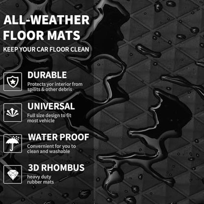 CAR PASS Black Rubber Car Mats, All-Weather Floor Mats Full Set Durable Anti-Slip 3D Rhombus Waterproof Automotive Pad Trim to Fit Liner Universal Fit for Sedan SUV Truck Van, 4 Pcs All Black Rubber - color: All Black